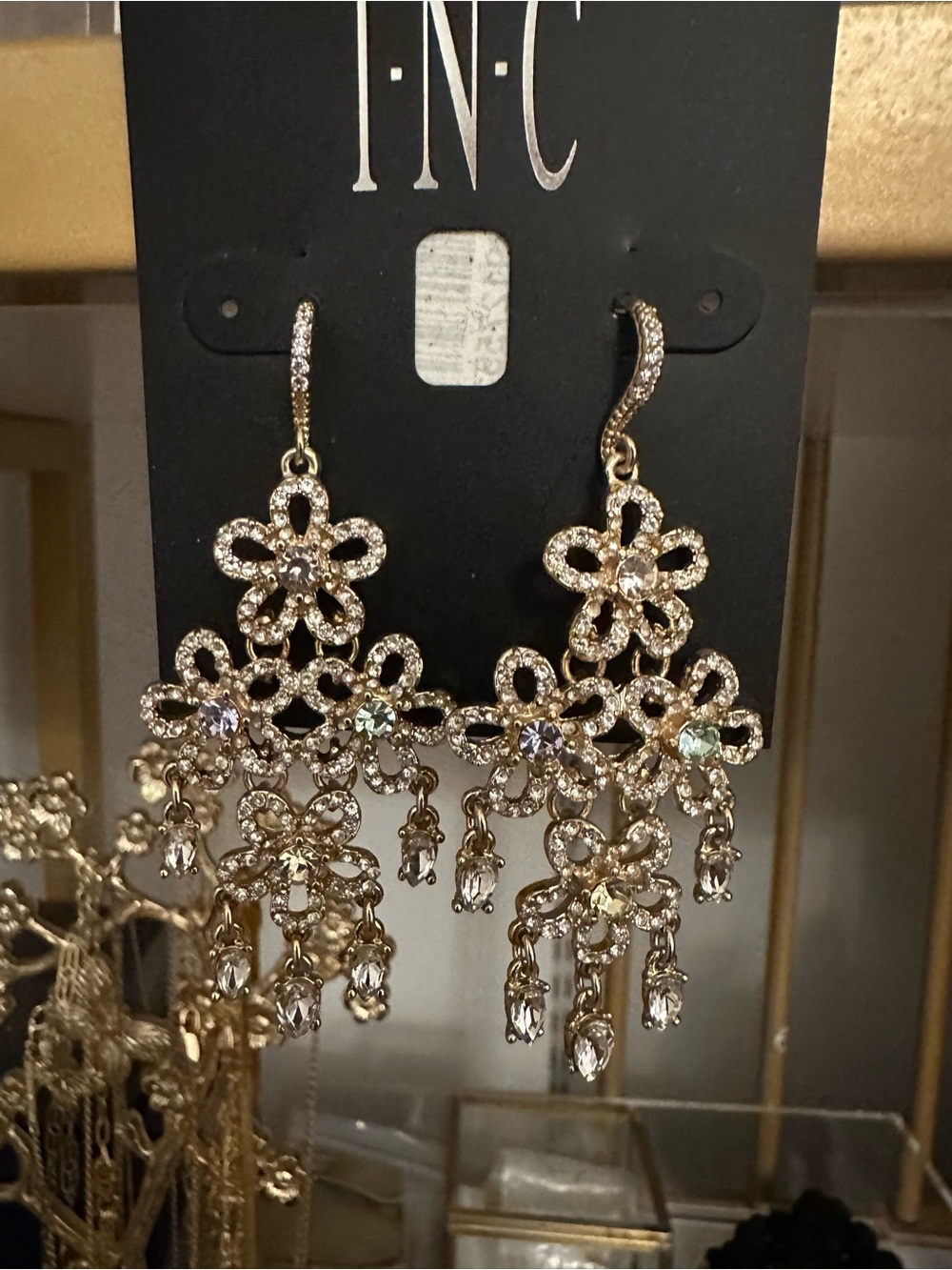 INC International Concepts Gold Crystal Floral Chandelier Earrings
